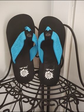 Yellow Box Black Sandals with Bright Turquoise Straps